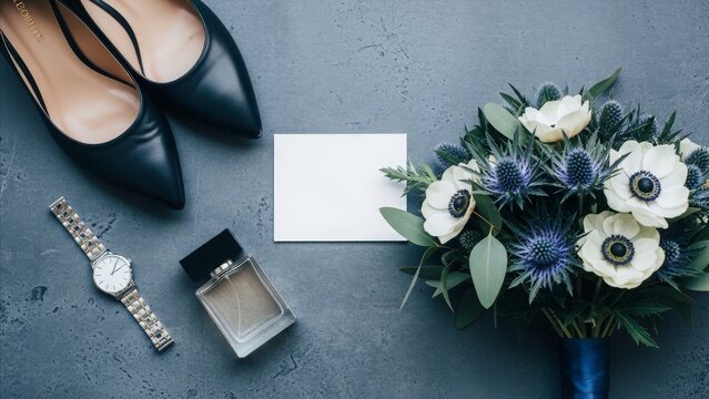 Wedding - Dark Navy Bridal Flat Lay with Heels Bouquet Perfume Watch and Blank Card on Gray