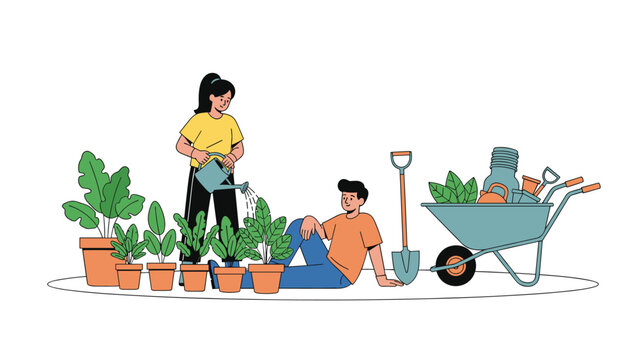 Gardening enthusiasts man and woman planting flowers and bushes where the man rests as the woman waters plants in a backyard.