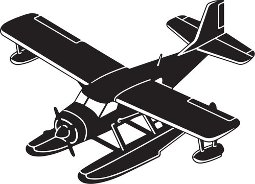 Black, vintage seaplane, airplane icon, vector aircraft, floatplane illustration