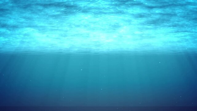 海中 背景素材 太陽の光が差し込む明るい青い海 水面 幻想的 清潔感 / Underwater background bright blue ocean with sunbeams filtered through water surface ethereal clean