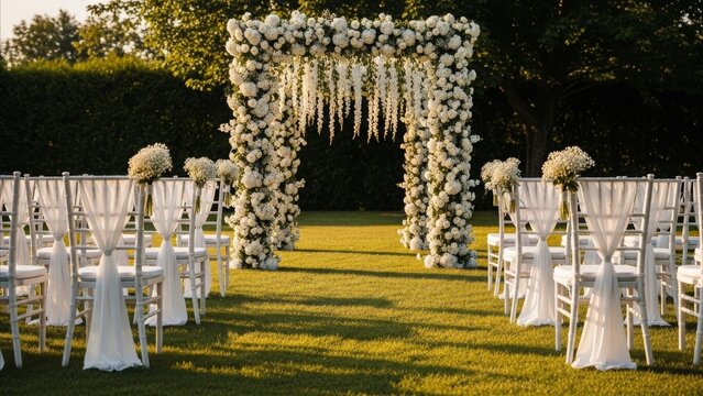 Wedding - Elegant Outdoor Ceremony Setup with White Floral Arch and Chiavari Chairs on Lush Green Lawn