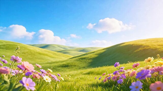 Colorful flowers in green rolling hills