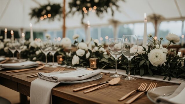Wedding - Elegant Rustic Wedding Reception Table Setting with White Floral Garland Gold Cutlery and Candlelight in Marquee Tent