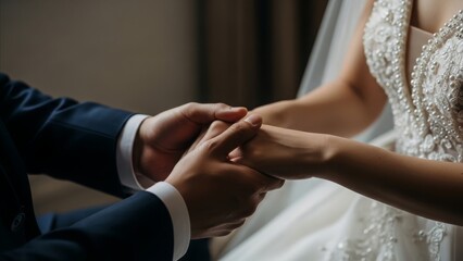 Naklejka premium Wedding - Groom Holding Bride Hands Gently During Ring Exchange Ceremony in Elegant Beaded White Dress