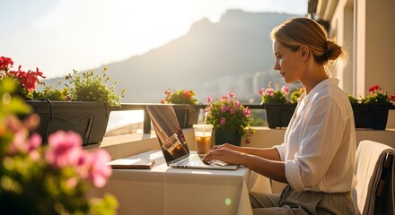 Obraz premium A woman works on her laptop on a balcony overlooking a mountain landscape during a golden hour