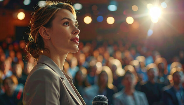 Confident speaker public speaking businesswoman microphone auditorium audience stage spotlight inspired leader addresses focused crowd during