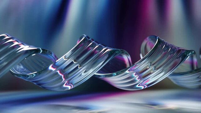 Slow motion tracking shot of twisting glass ribbon floating over reflective tabletop in studio with iridescent lighting