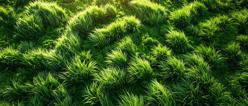 屋外で昼に俯瞰した均一に整備された緑の芝生背景素材