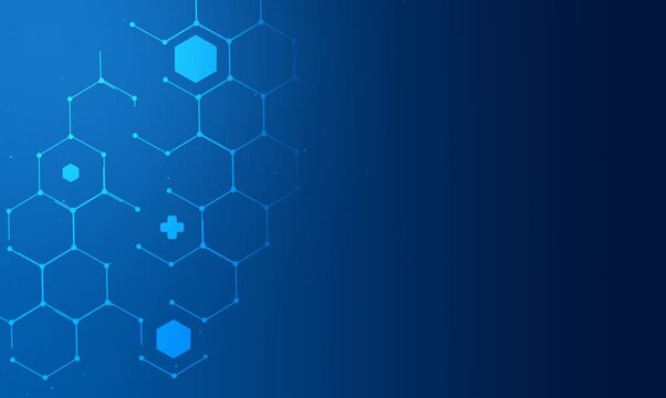 Deep Blue Gradient Tech and Medical Hexagon Network Background Animation With Horizontal Subtle Particles. Thin Lines And Connected Nodes. Clean Composition With Large Copy Space On The Right
