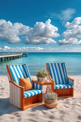 Fototapeta premium Relaxing summer beach scene with striped beach chairs, wooden table and calm ocean pier view
