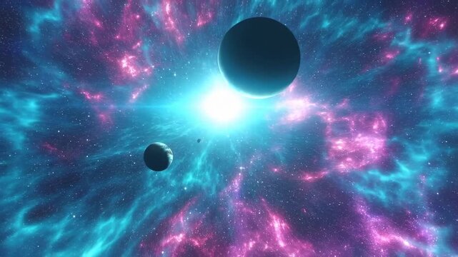 Tracking shot of planets orbiting bright star within colorful nebula in deep outer space cosmic scene