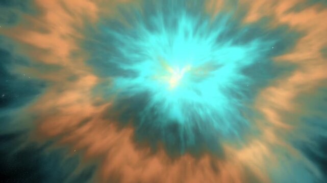 Zooming shot of nebula cloud expanding with electric filaments and vibrant turquoise orange gas in deep outer space environment