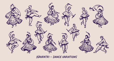 Fototapeta premium Indian classical dance poses set, bharatanatyam and kathak dance illustration, traditional ethnic performing arts doodle, cultural heritage and mudra art, elegant dancer and movement collection, hand 