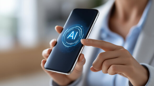 Person interacting with an AI chatbot interface on a smartphone screen, virtual assistant and automated support concept, mobile technology photography, with copy space