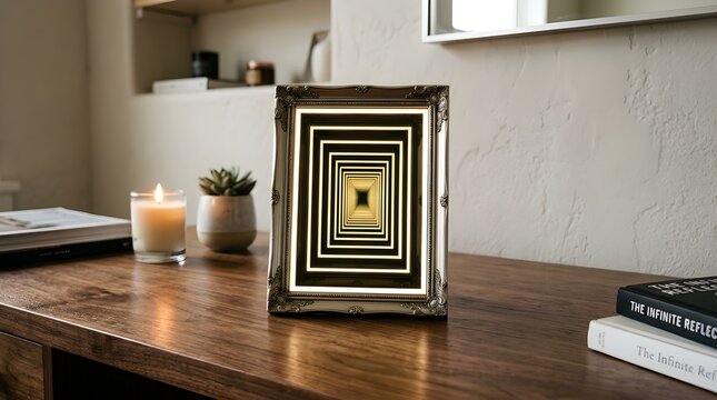 Ornate Gold Frame Infinity Mirror with Glowing LED Light Tunnel on Wooden Desk, Surreal Optical Illusion Home Decor with Warm Candle and Books Aesthetic