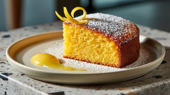 Slice of moist lemon polenta cake with zest and powdered sugar