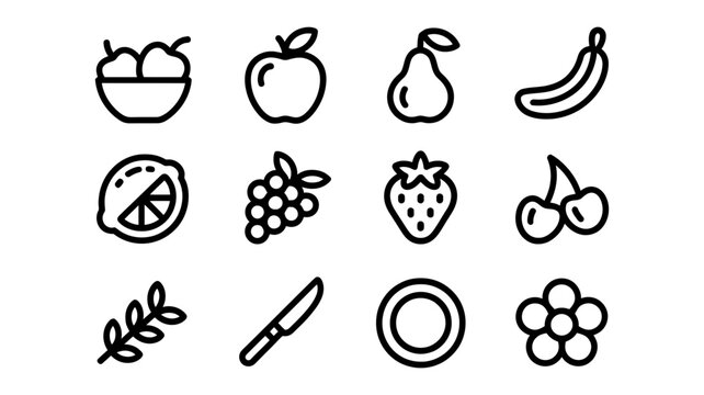 Fresh fruit icons: bowl of cherries apple pear banana lemon slice grapes strawberry cherries leaf knife plate flower