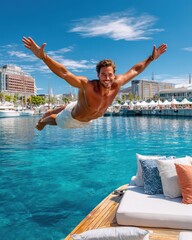 Fototapeta premium Shirtless man diving from a yacht into turquoise harbor water, smiling and enjoying a summer vacation