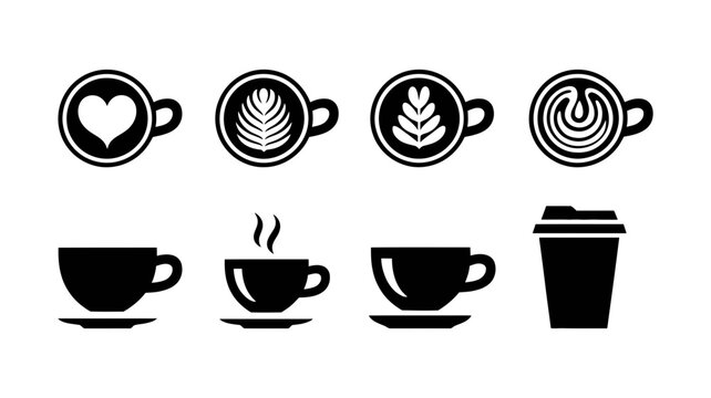 Collection of black coffee icons and latte art cups on white background with beverage silhouette isolated collection