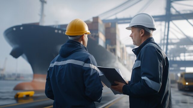 Container ship bow visible through morning mist at commercial port, two dock workers in hard hats consulting blueprints on hood of utility truck, overcast dramatic sky above, ideal for port