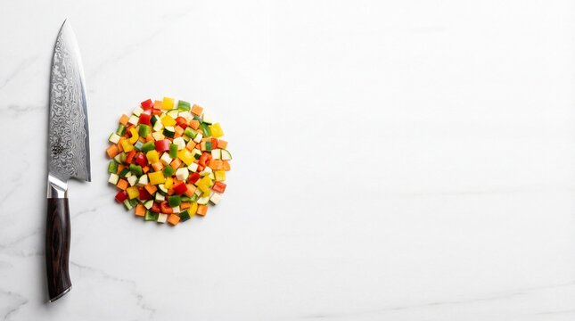 Sharp damascus knife with diced fresh vegetables on white marble table