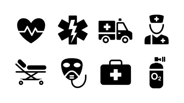 Medical emergency icons set black silhouette emergency ambulance stethoscope stretcher hospital assistance