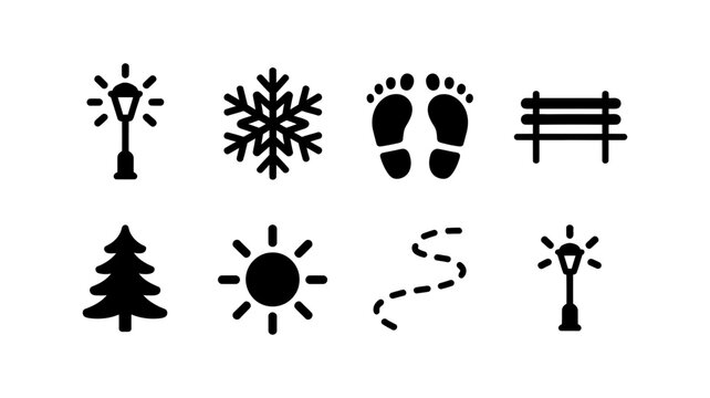Winter park icons: lamp snowflake footprints bench christmas tree sun path with snowflake footprints silhouette