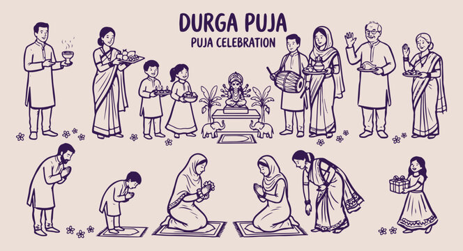 Durga puja festival celebration art, traditional bengali cultural event illustration, goddess durga worship and ritual, dhak drum and festive dance, hindu religious holiday vector set, ethnic celebrat