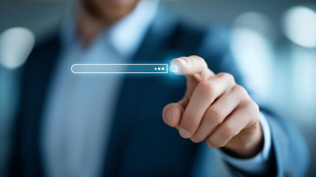 AI search interface with chatbot assistant and a businessman's hand interacting with a virtual search bar, intelligent data retrieval and automation concept, with copy space