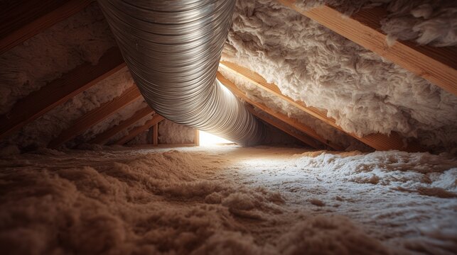Attic space with fiberglass insulation and ductwork highlighting attic insulation for heat saving costs, energy efficiency, and thermal barrier.
