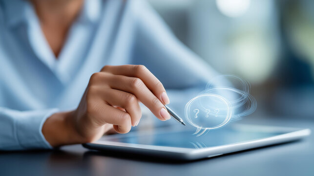 Person using a stylus on a tablet interacting with a glowing FAQ speech bubble and question icons, AI-powered FAQ support concept, with copy space