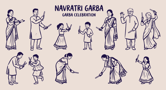 Navratri garba dance celebration illustration, traditional gujarati folk dance set, dandiya raas festival vector art, indian cultural event line drawing, festive dance poses doodle collection, hindu r