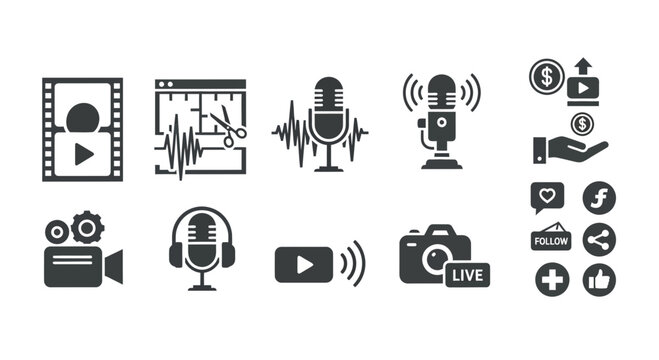 Video Production and Social Media Icons Set: Film, Audio, Camera, Live Streaming, Monetization