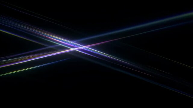 Slow motion static shot of colored light beams crossing and intersecting to form luminous x over black background in dark studio abstract animation