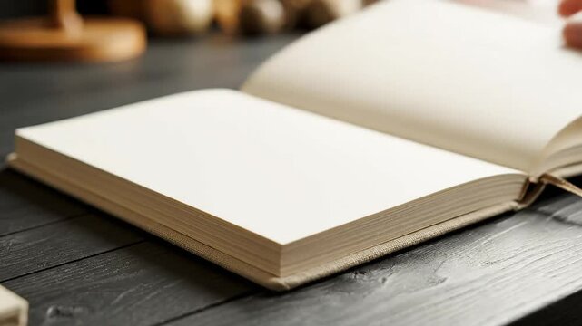 Open blank notebook on dark wooden desk surface for journal mockup and creative writing concept
