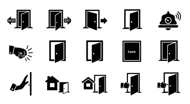 Door Icons Collection: Open, Closed, Entrance, Exit, Knocking, House