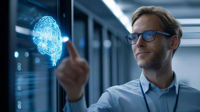 Prompt engineer interacting with a glowing AI brain interface inside a data center, generative AI and cloud computing concept, secure server environment, with copy space