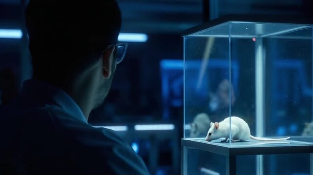Scientist observing a white laboratory mouse in a glass enclosure