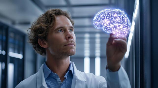 Prompt engineer interacting with a glowing AI brain interface inside a data center, generative AI and cloud computing concept, secure server environment, with copy space