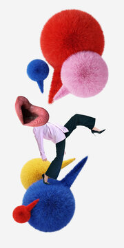 Business person with oversized mouth balancing on speech bubble among colorful elements on clean background with copy space. Ideal for risk, communication and decision making.