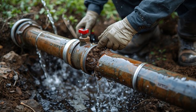 A water pipe technician fixing a broken outdoor pipe, dirt and water splashes adding realism.