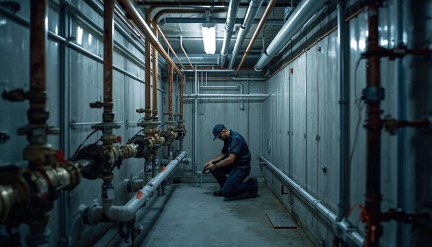 Wide shot of a water pipe technician working in a utility room with exposed pipes and valves, industrial setting.