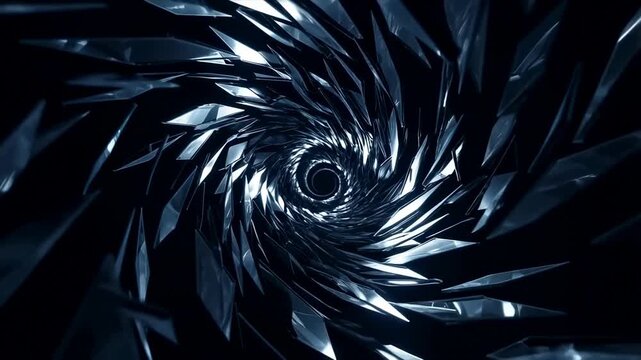 Tracking shot of metallic shards spiraling into dark vortex inside abstract tunnel with reflective surfaces rotating and camera moving inward