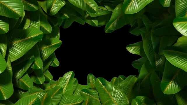 Panning shot of tropical banana leaves parting and revealing dark center with glossy green foliage frame on black backdrop