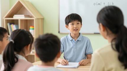 Fototapeta premium Young Boy Engaging in Classroom Discussion with Peers