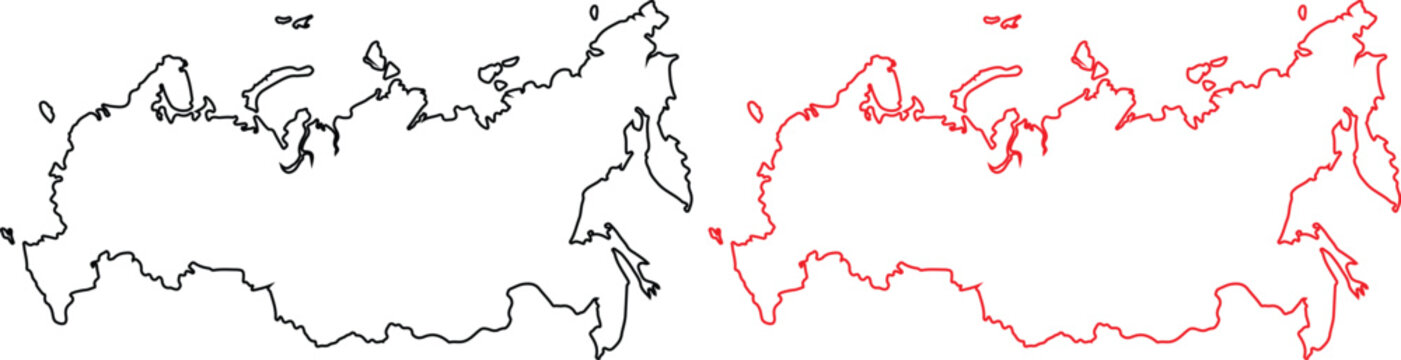 Russia Map Outline Set Eurasia Country Geography Line Vector Illustration