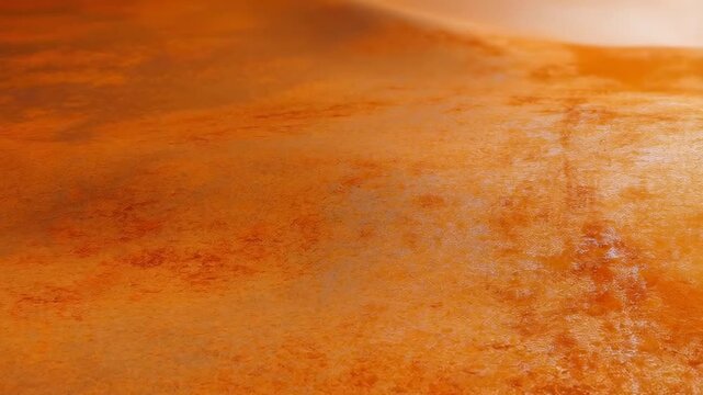 Slow panning shot of orange sand dunes shimmering with wet textured surface across arid desert landscape, gentle tracking movement revealing ripples and slope details