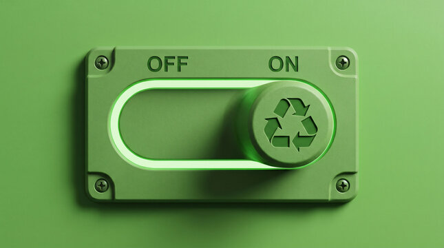 A 3D-rendered toggle switch in ON position with a green recycle icon on a fresh moss-green surface representing zero waste and eco commitment.