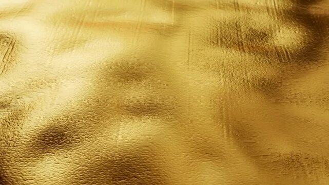 Slow pan closeup of metallic gold sheet rippling and shimmering across studio tabletop surface with subtle undulating texture and reflective highlights