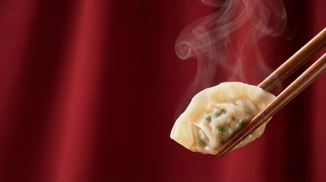 Steaming hot dumpling held by chopsticks isolated on a red background